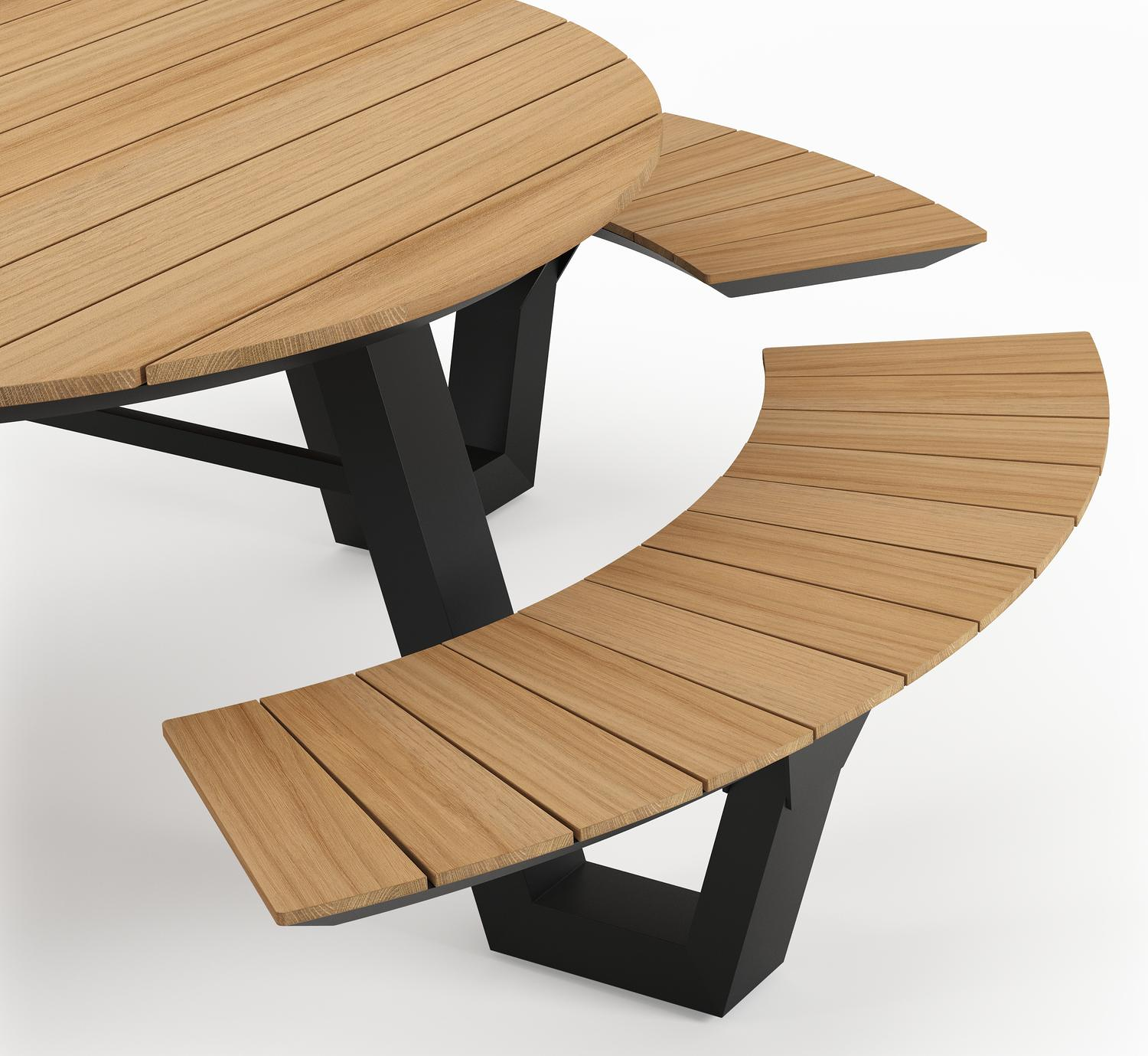 Rondino picknicktafel in zwart aluminium en teak tafelblad - Dia. 148 cm