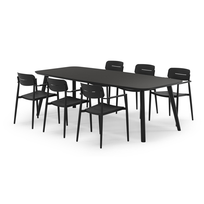 Mosa bootvormige tuinset in zwart aluminium en sintered stone notte minerale met 6 Cosa tuinstoelen