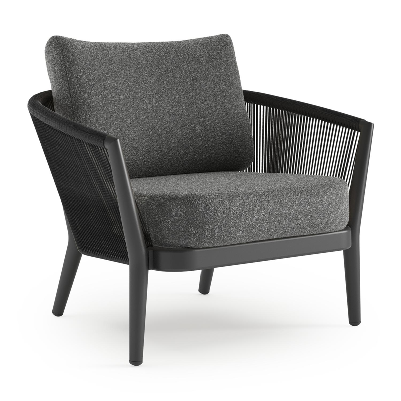 Orso loungestoel in zwart aluminium en zwart verticaal geweven ronde rope met Catania Black all weather cosytica kussen