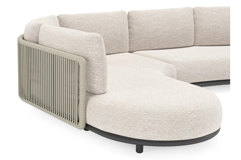 Lomano loungehoek in zwart aluminium en beige verticaal geweven luxe vlakke rope met Tundra Sand all weather sunbrella® luxe