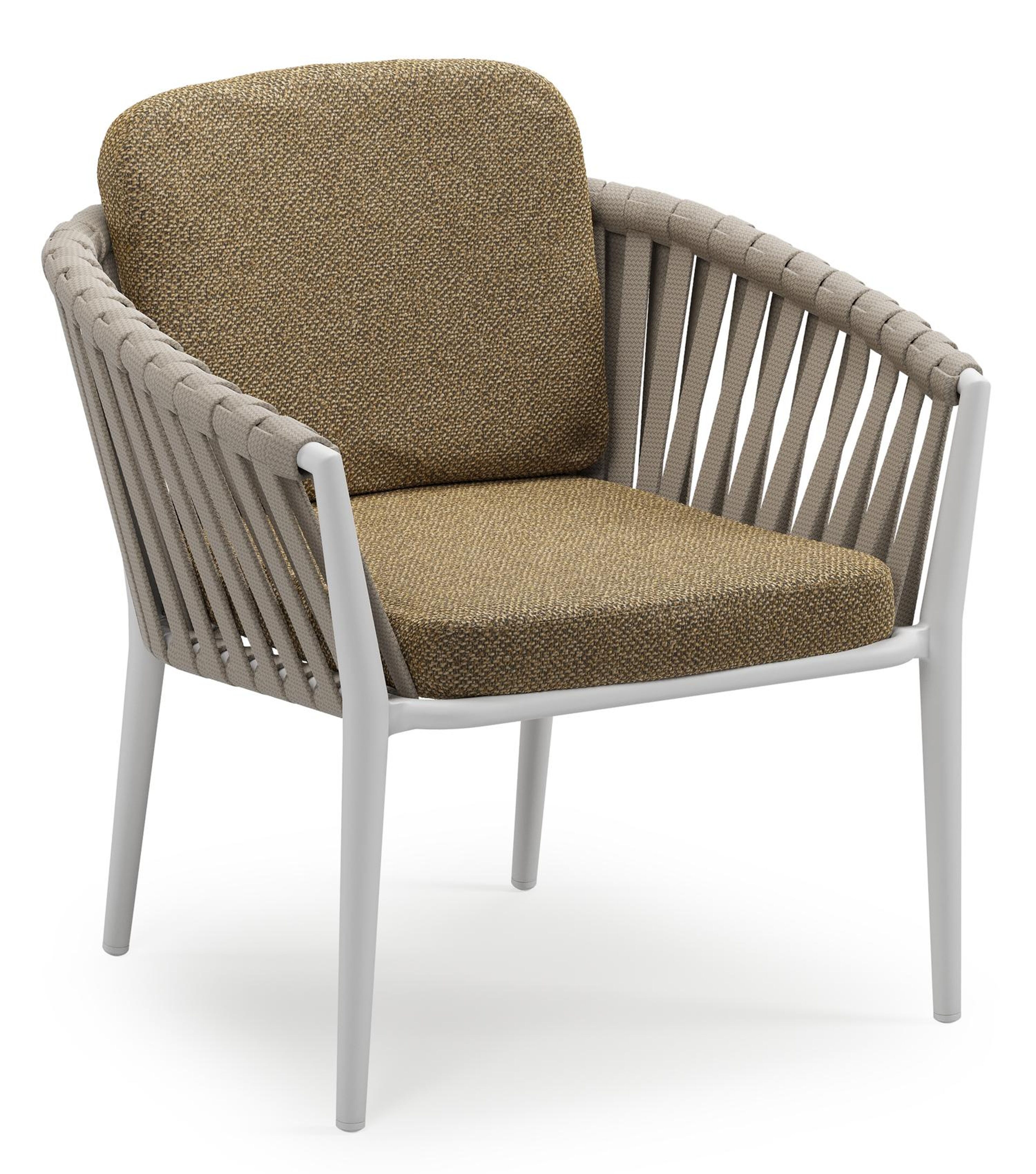Orso low dining tuinstoel in wit aluminium en beige verticaal geweven luxe vlakke brede rope met stoelkussen in All Weather Cosytica Madagascar Walnut