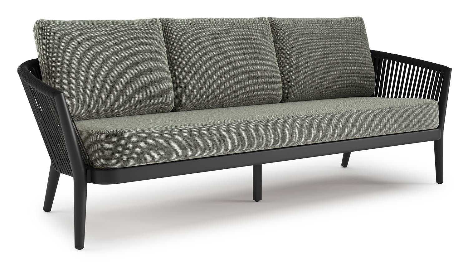 Canapé de jardin Orso en aluminium noir en corde ronde tissée verticalement noir et coussins en all weather sunbrella® luxe Slow Fern