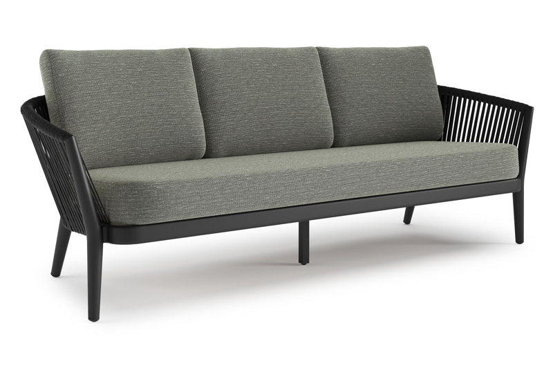 Orso loungebank in zwart aluminium en zwart verticaal geweven ronde rope met Slow Fern all weather sunbrella® luxe kussen