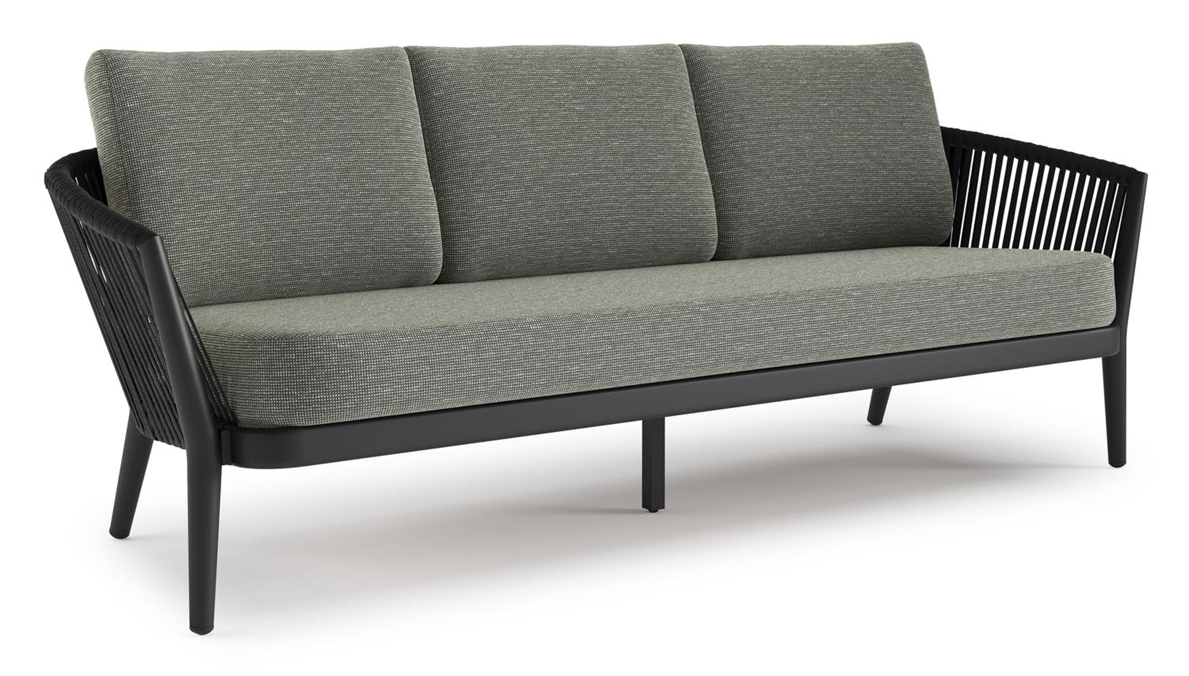 Canapé de jardin Orso en aluminium noir en corde luxe plate tissée verticalement noir et coussins en all weather sunbrella® luxe Slow Fern