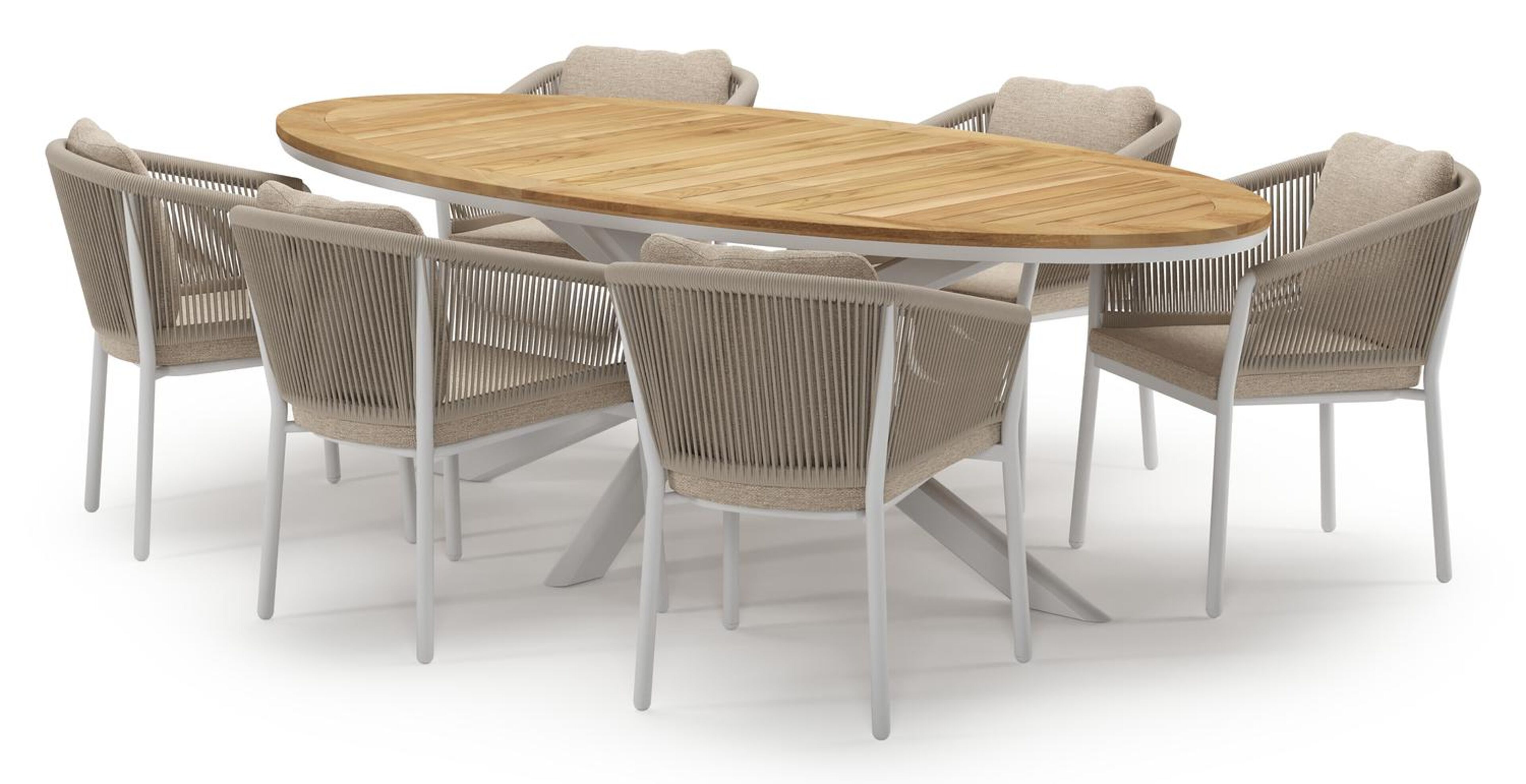 Pamplona tuinset in wit aluminium en teak met 6 Gerona tuinstoelen