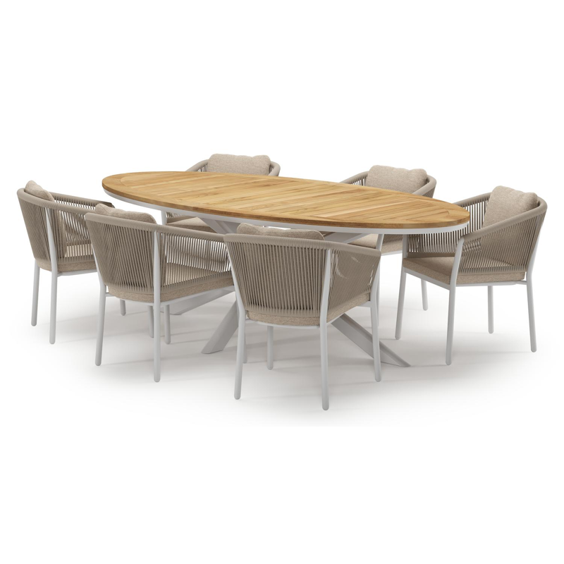 Pamplona tuinset in wit aluminium en teak met 6 Gerona tuinstoelen