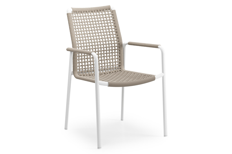 Como tuinstoel in wit aluminium en beige vierkant geweven ronde rope