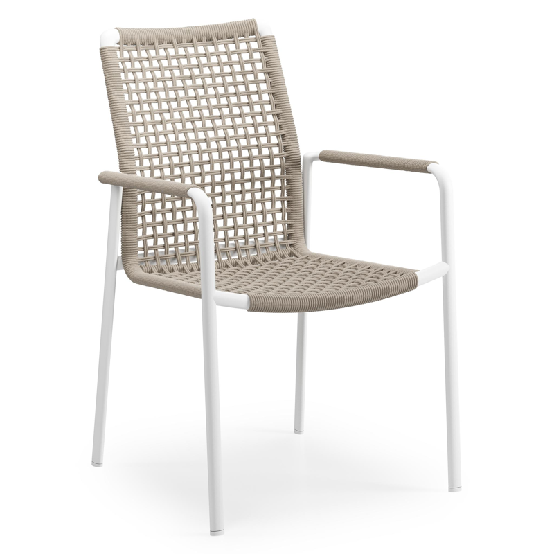 Como tuinstoel in wit aluminium en beige vierkant geweven ronde rope