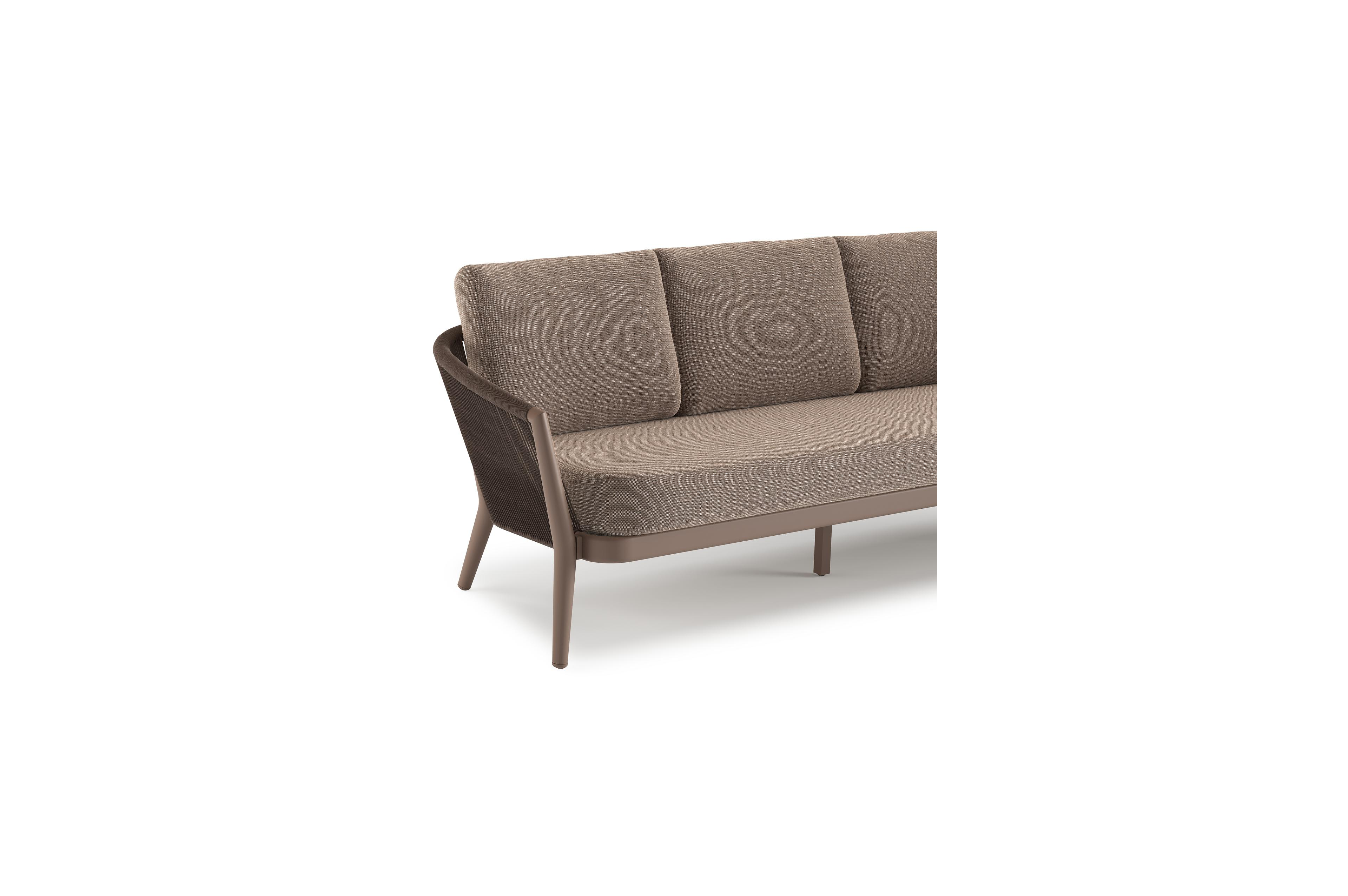 Salon de jardin Orso en aluminium taupe en corde ronde tissée verticalement noir et coussins en all weather sunbrella® luxe Savane Earth