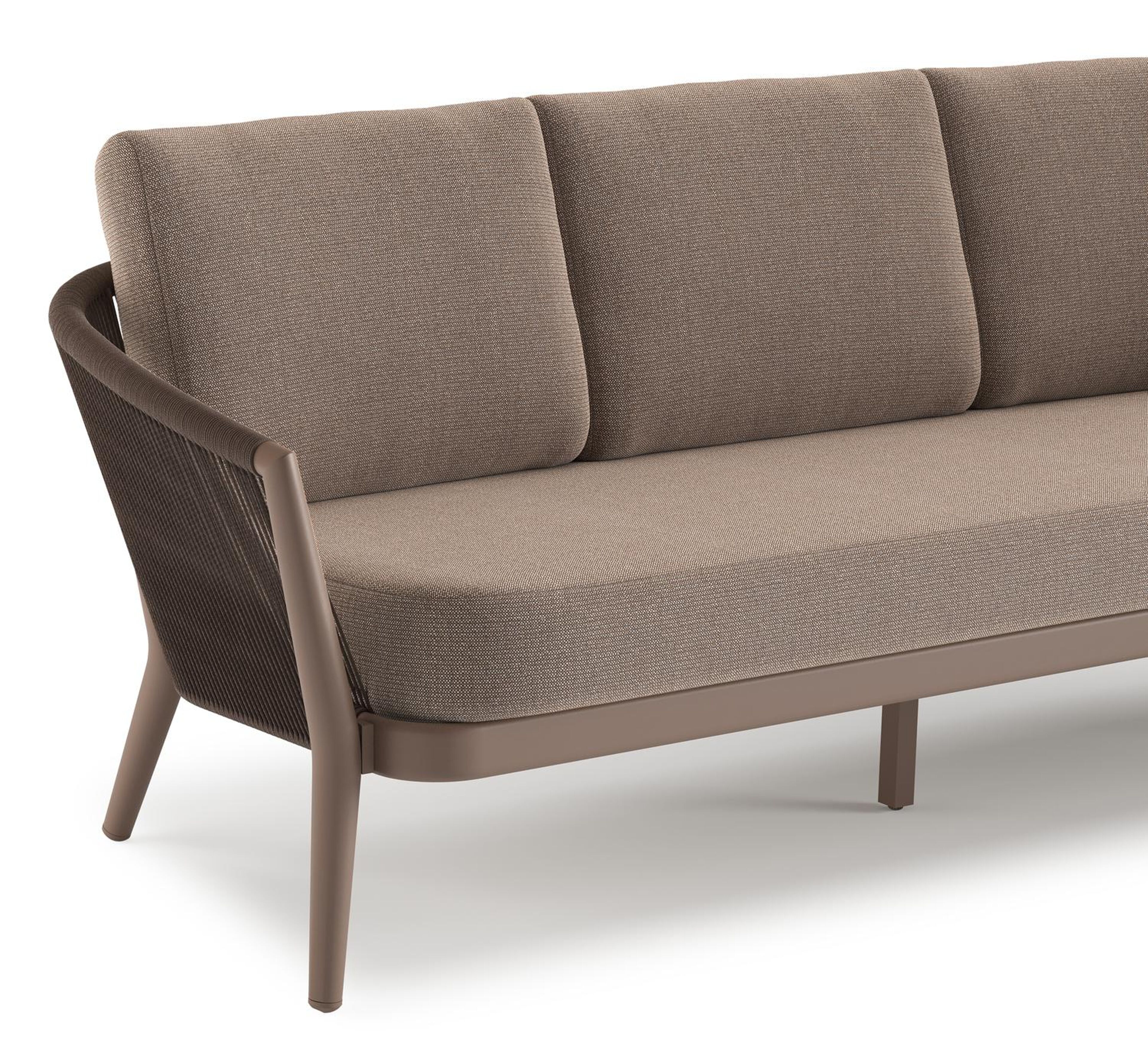 Salon de jardin Orso en aluminium taupe en corde ronde tissée verticalement noir et coussins en all weather sunbrella® luxe Savane Earth