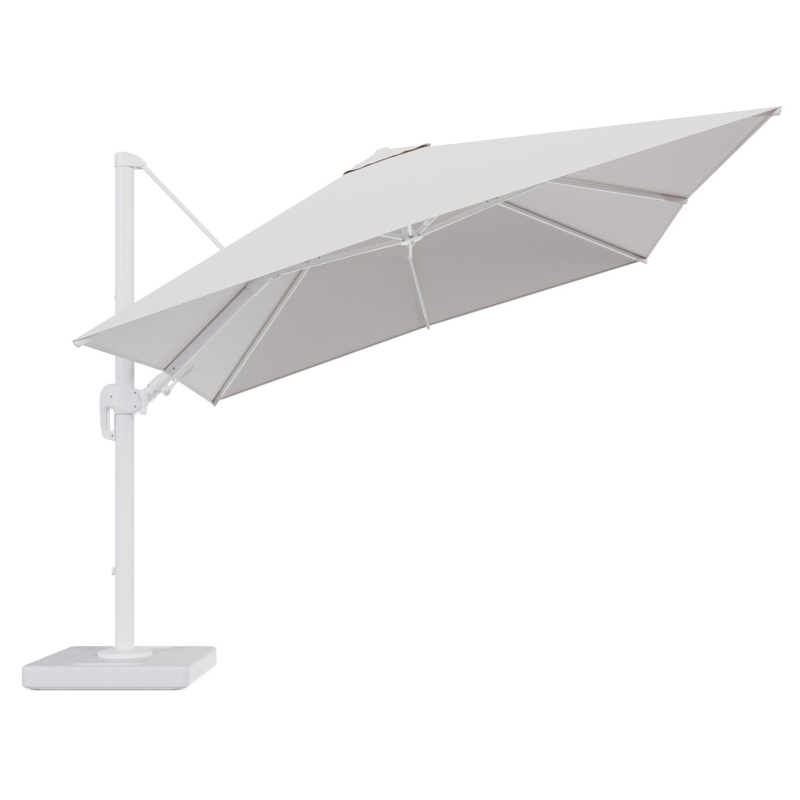 Parasol pendant Rufina avec fonction tilt en aluminium blanc et toile de parasol en All Weather Solica Ego Eggshell - Lg.1 300 x Lg.2 300 cm avec pied de parasol Lapido 160 kg