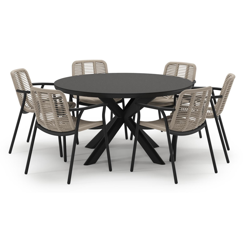 Ensemble de jardin Pamplona en aluminium noir et sintered stone notte minerale avec 6 chaises de jardin empilable Berga