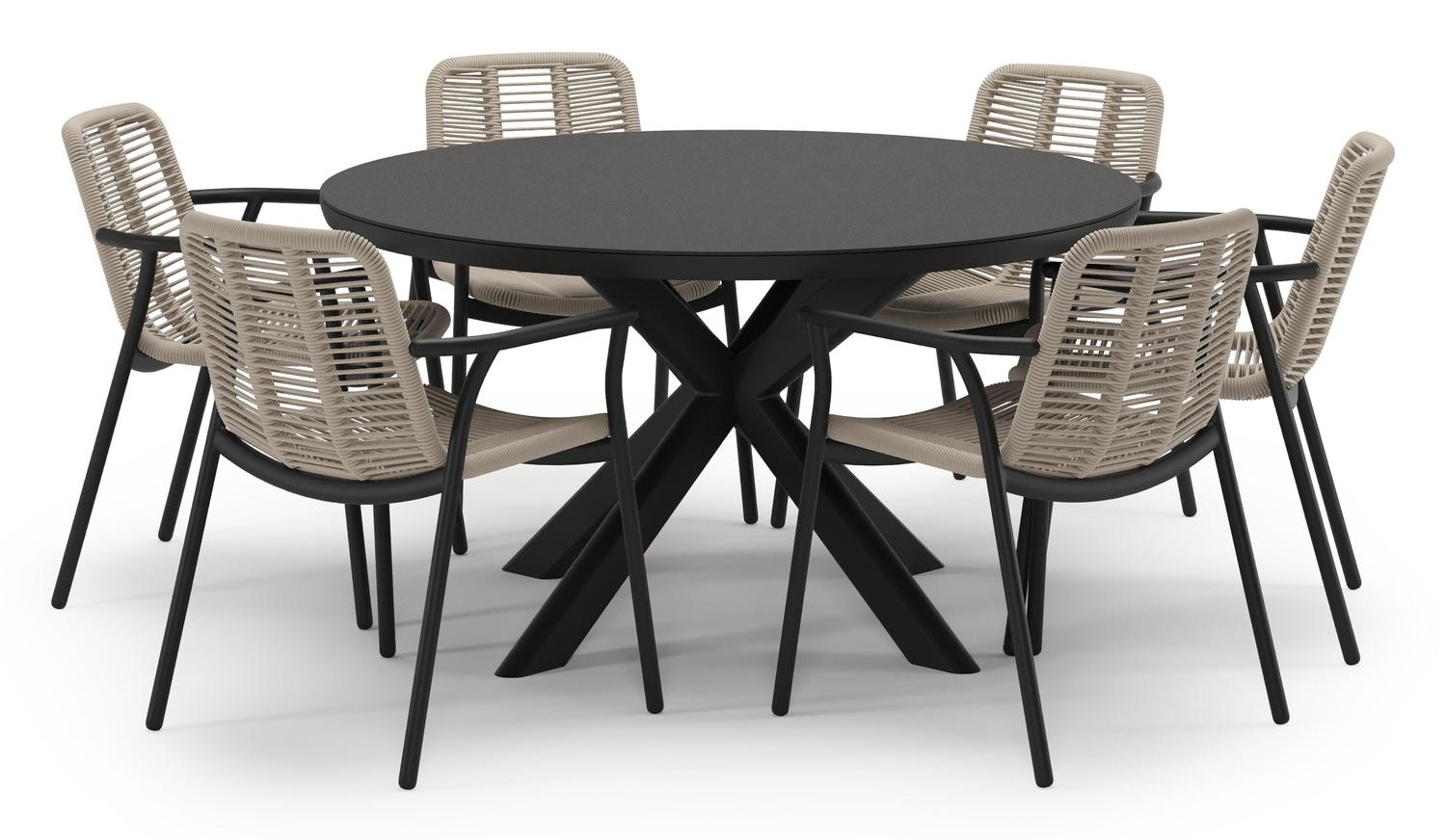 Ensemble de jardin Pamplona en aluminium noir et sintered stone notte minerale avec 6 chaises de jardin empilable Berga