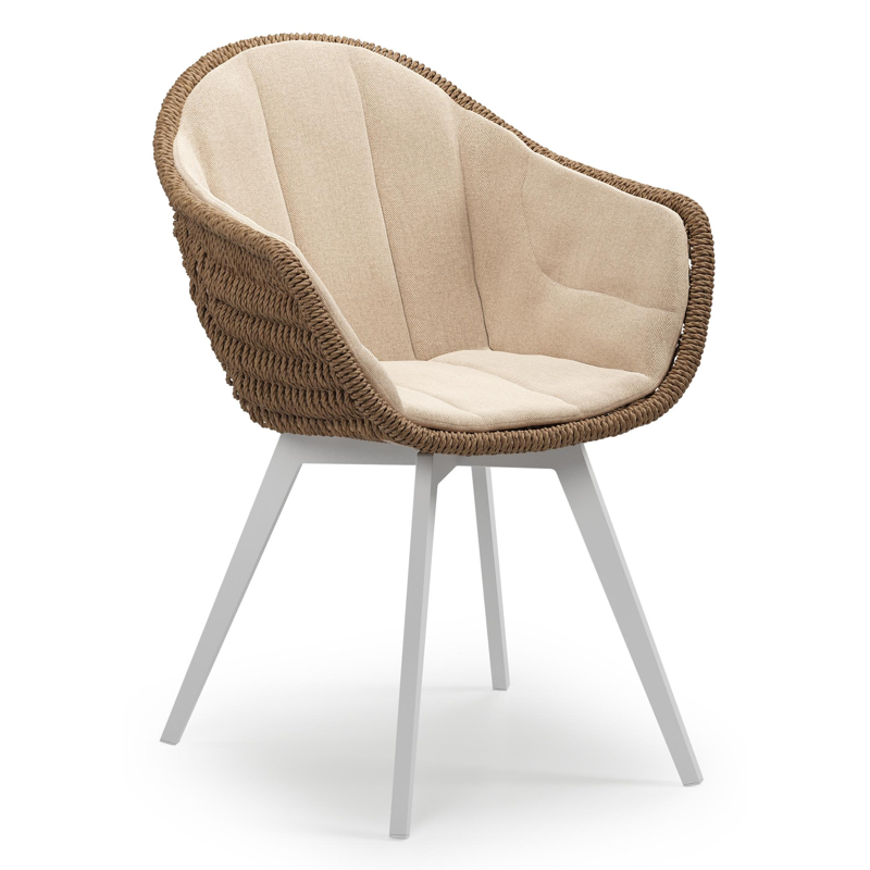 Pagino tuinstoel in wit aluminium en bruin ronde wicker met zitkussen in All Weather Sunbrella® Luxe Natte Heather Beige