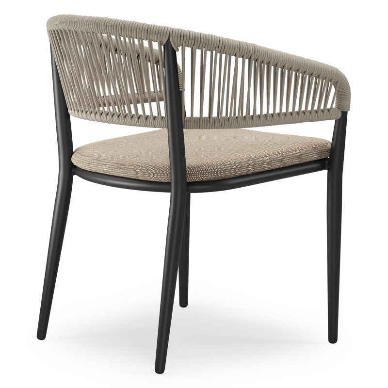 Tolfa stapelbare tuinstoel in zwart aluminium en beige verticaal geweven ronde rope met stoelkussen in All Weather Solica Firenze Earth