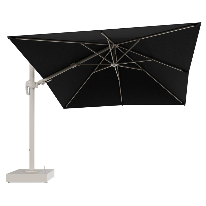 Rufina zweefparasol met tiltfunctie in beige aluminium en Chartres Sooty All Weather Sunbrella® Luxe parasoldoek - L1 300 x L2 300 cm met parasolvoet Minore 150 kg met wielen
