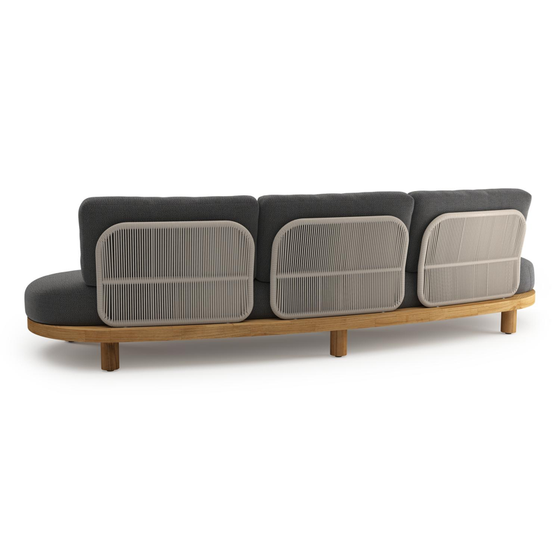 Canapé de jardin Donato en teck et corde ronde tissée verticalement beige et coussins en all weather sunbrella® luxe Savane Tornado