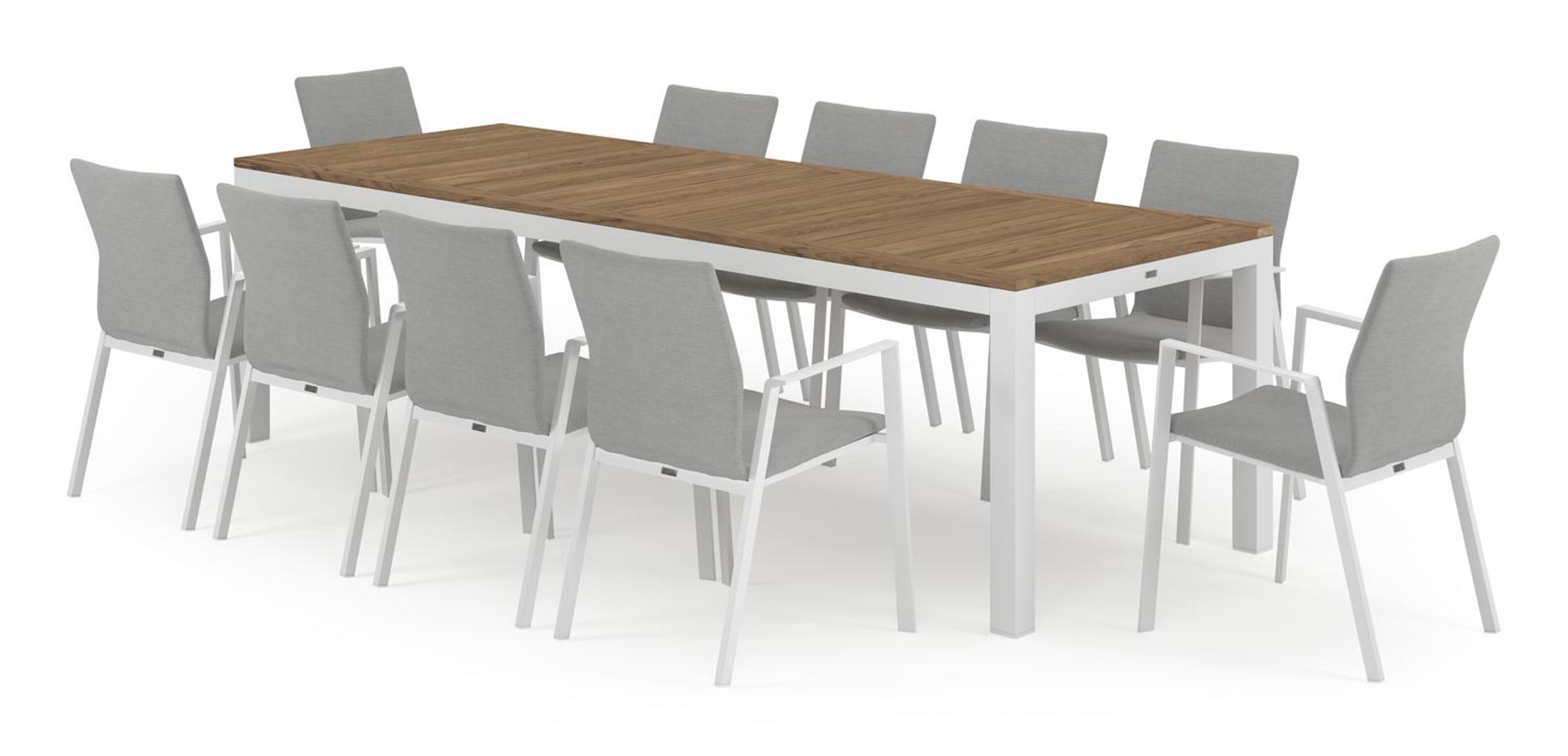 Varese tuinset in wit aluminium en naturel teak tafelblad met 10 stapelbare Madura tuinstoelen