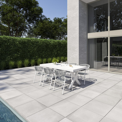 Bahia tuinset in wit aluminium en wit aluminium tafelblad met 6 stapelbare Vigo tuinstoelen