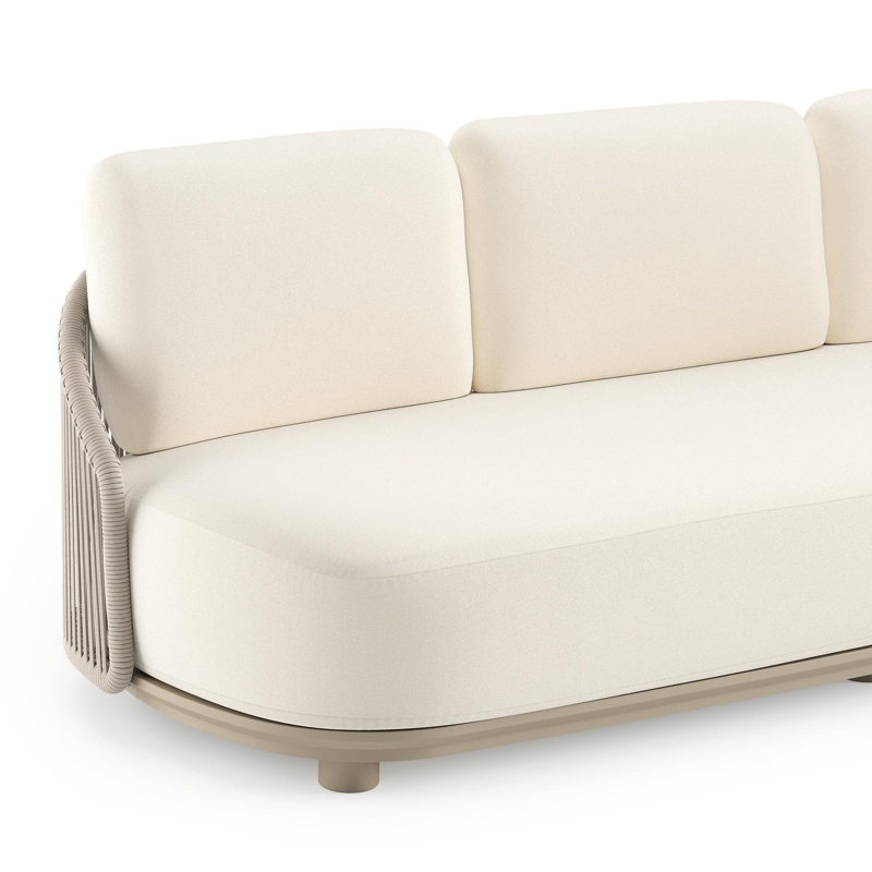 Salon de jardin Vadelo en aluminium beige et corde ronde tissée verticalement beige et coussins en all weather sunbrella® luxe natte white