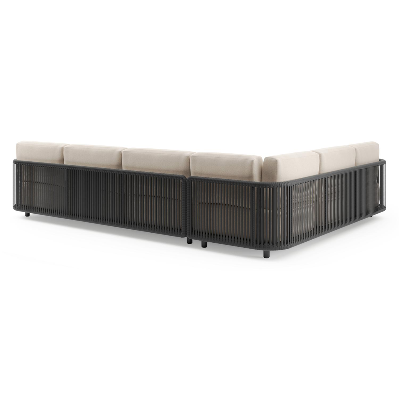 Organo loungehoek in zwart aluminium en zwart verticaal geweven luxe vlakke rope met heritage ash all weather Sunbrella® luxe kussen