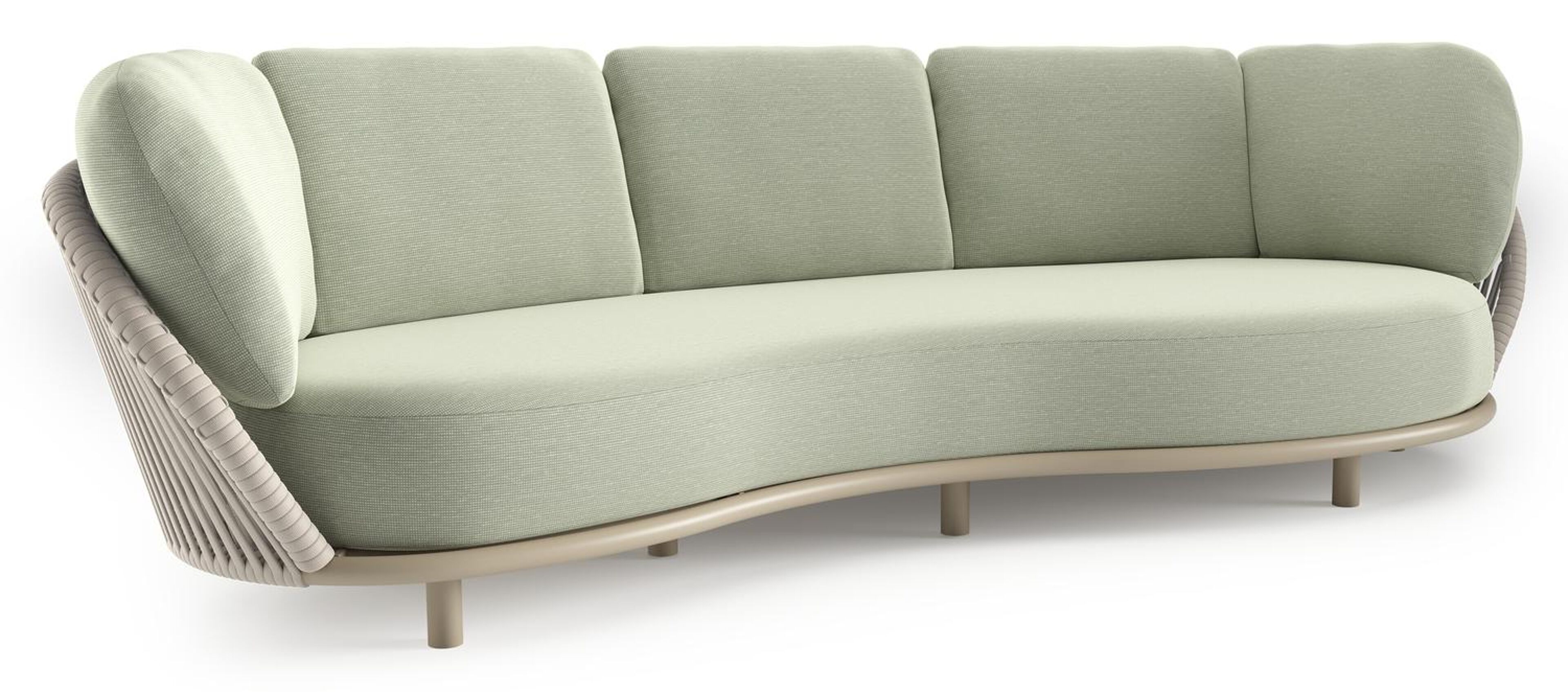 Lupino loungebank in beige aluminium en beige verticaal geweven luxe vlakke brede rope met slow spirea all weather sunbrella® luxe kussen