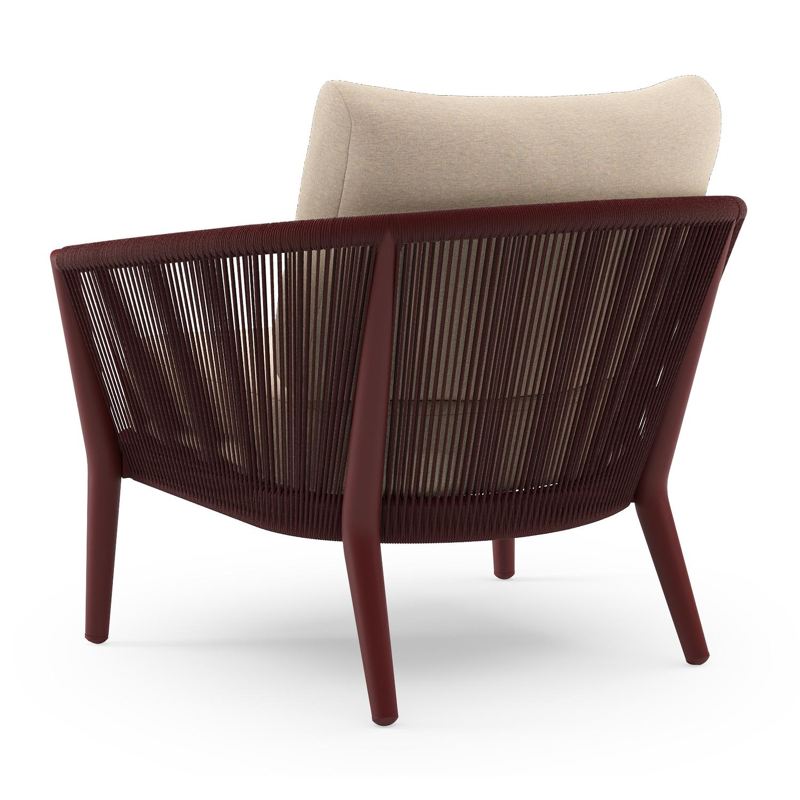 Fauteuil de jardin Orso en aluminium ruby en corde ronde tissée verticalement ruby et coussins en all weather sunbrella® luxe Heritage Papyrus