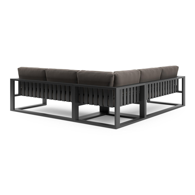 Salon de jardin d'angle Verato en aluminium noir et coussins en all weather sunbrella® luxe natte nature grey