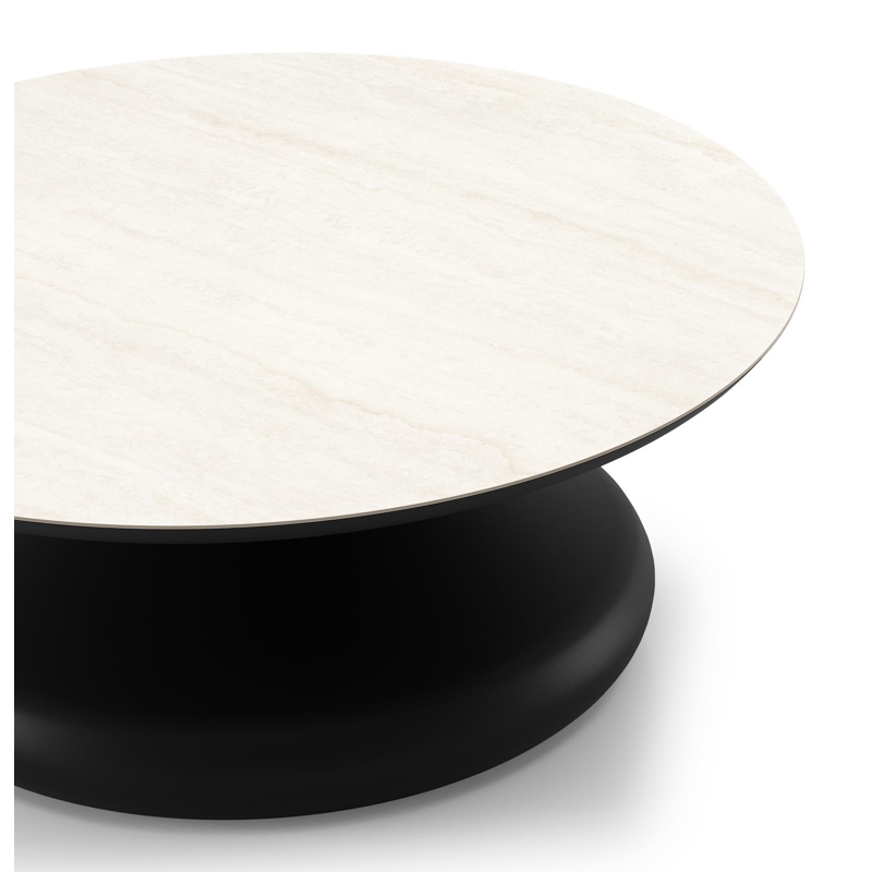 Bomero loungetafel rond in zwart aluminium en volkeramiek Travertino Bianco - Dia. 84 x H 32.2 cm