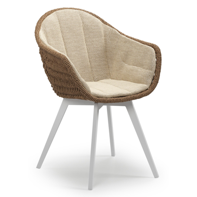 Pagino tuinstoel in wit aluminium en bruin ronde wicker met zitkussen in All Weather Cosytica Althea Camel