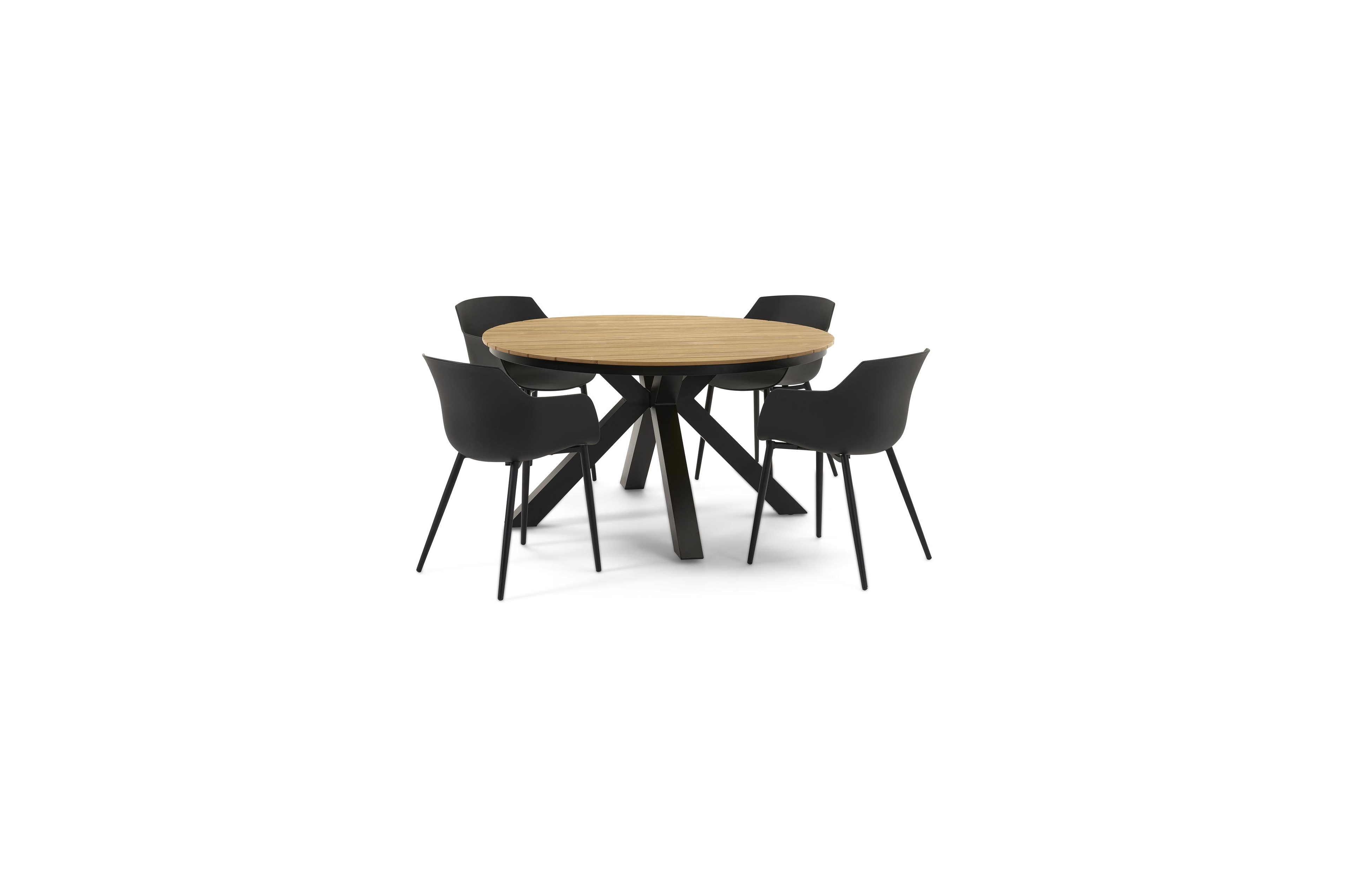 Tora tuinset in zwart aluminium en naturel polywood tafelblad met 4 Paco tuinstoelen