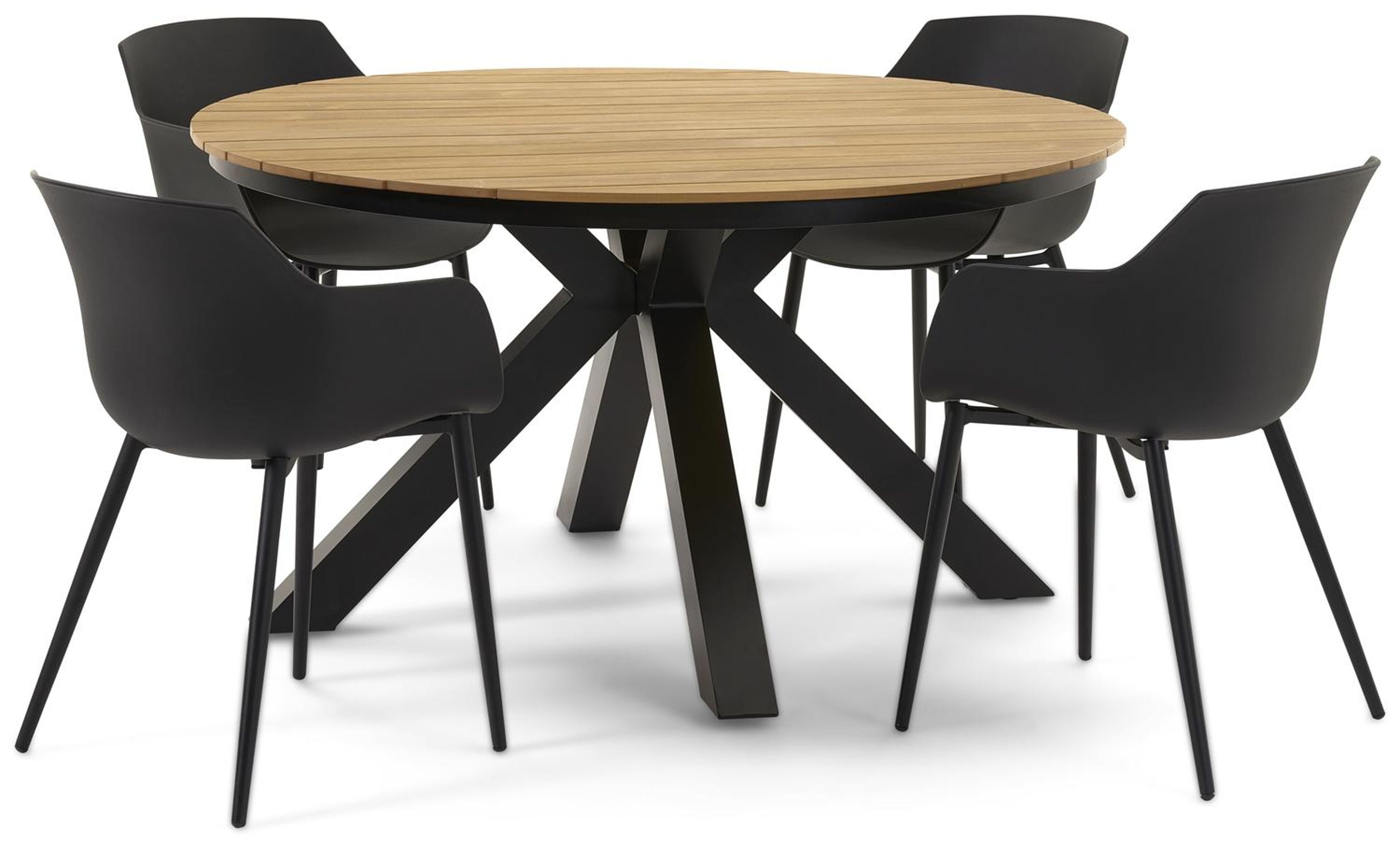 Tora tuinset in zwart aluminium en naturel polywood tafelblad met 4 Paco tuinstoelen