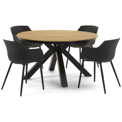 Tora tuinset in zwart aluminium en naturel polywood tafelblad met 4 Paco tuinstoelen