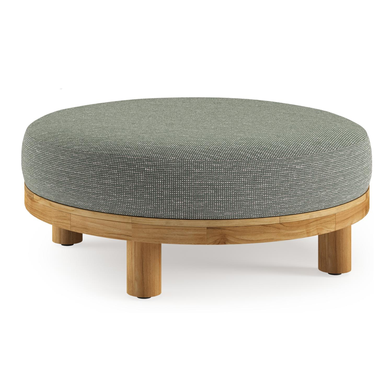 Donato lounge poef in teak en beige verticaal geweven ronde rope met all weather sunbrella® luxe Slow Fern kussen