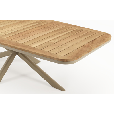 Table de jardin Pamplona forme de bateau en aluminium beige et teck - Lg. 267.4 x Lrg. 115 x Haut. 73 cm