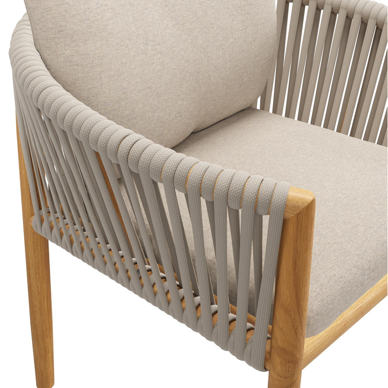Organo tuinstoel in teak en beige verticaal geweven luxe vlakke rope met zitkussen in All Weather Sunbrella® Luxe Heritage Ash
