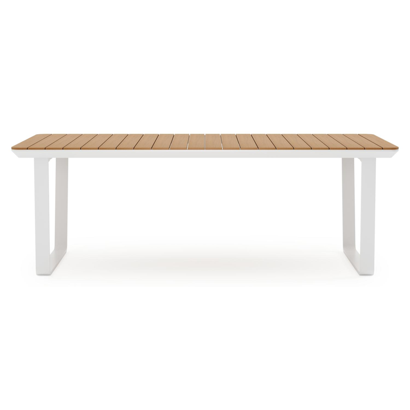 Alora tuinset in wit aluminium en naturel polywood tafelblad met 6 stapelbare Vigo tuinstoelen