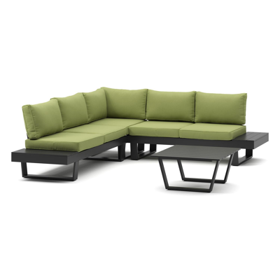 Alora loungehoek in zwart aluminium met groen polyester kussens en loungetafel