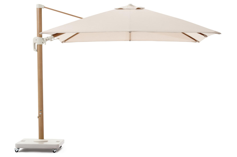 Rufina zweefparasol met tiltfunctie in aluminium woodlook en Sunbrella Premium beige - L1 300 x L2 300 cm met parasolvoet