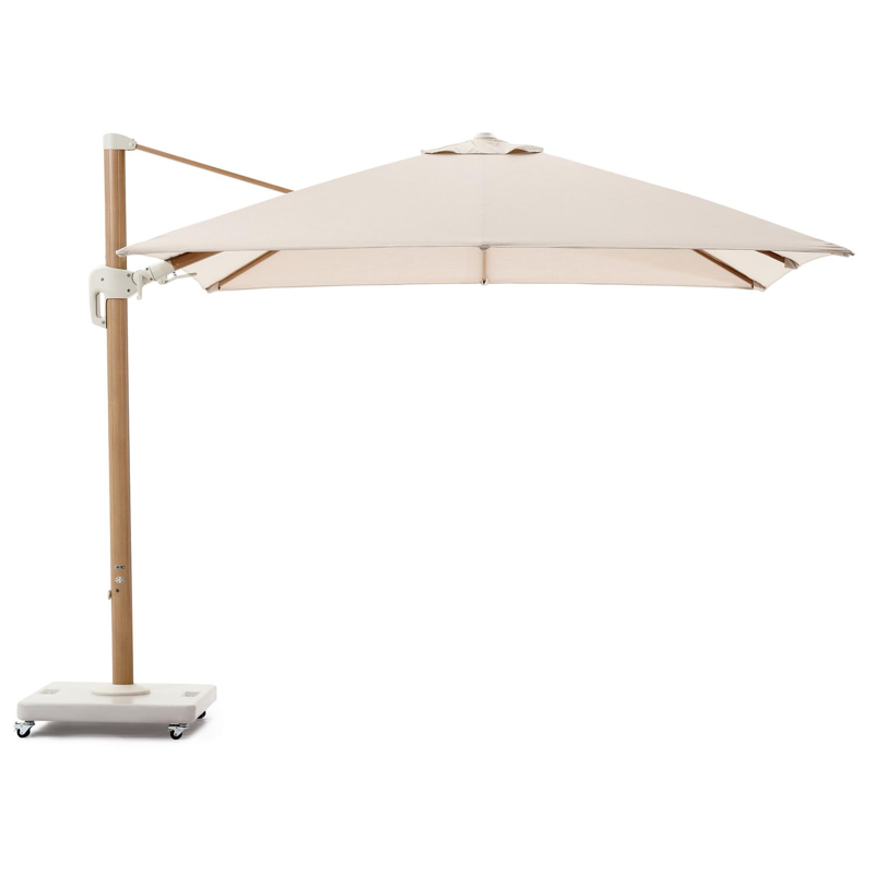 Rufina zweefparasol met tiltfunctie in aluminium houtlook en Sunbrella Premium beige - L1 300 x L2 300 cm met parasolvoet