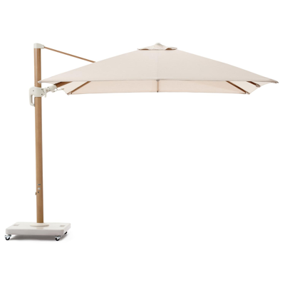Parasol pendant Rufina avec function tilt en aluminium aspect de bois et Sunbrella Premium beige - L1 300 x L2 300 cm avec pied de parasol