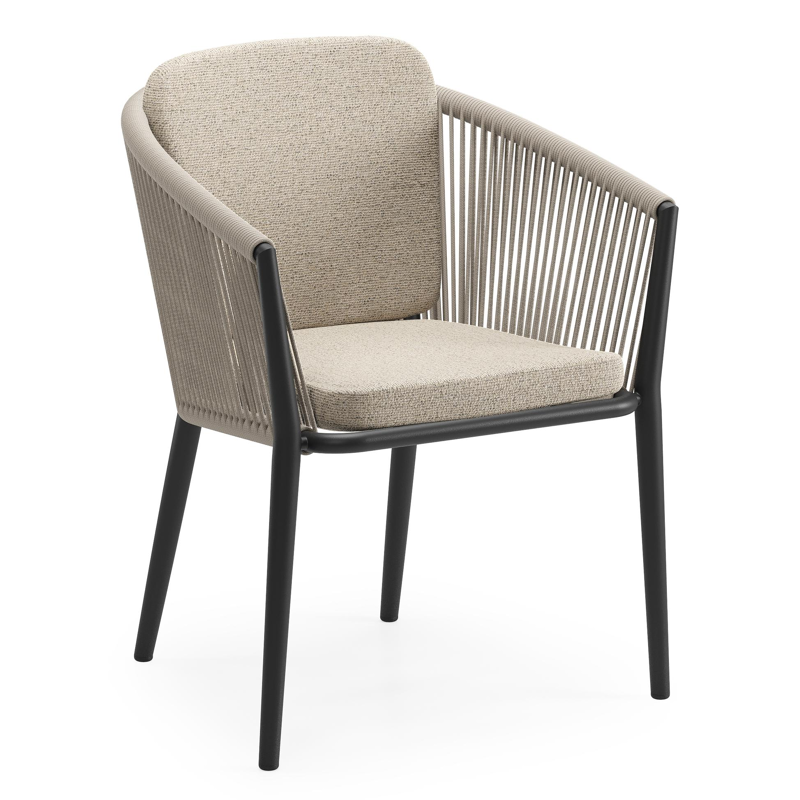 Chaise de jardin Orso en aluminium noir et corde ronde tissée verticalement beige avec coussin en All Weather Cosytica Marbella Beige