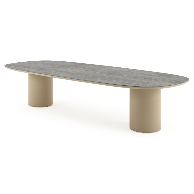 Amico low dining tuintafel bombo in beige aluminium en volkeramiek Aspen Grey - L 320 x B 130 x H 61 cm
