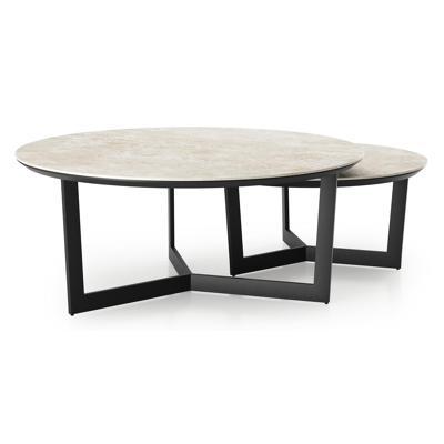 Ensemble de 2 tables de basses Lacrima ronde en aluminium noir et céramique pleine Rapolano - Diam. 85/65 x Haut. 35/30 cm