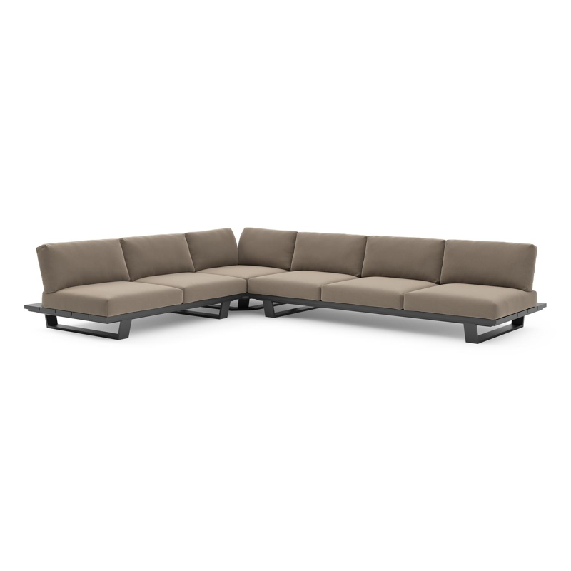 Salon de jardin d'angle Pagino en aluminium noir et coussins en all weather sunbrella® luxe natte heather grey