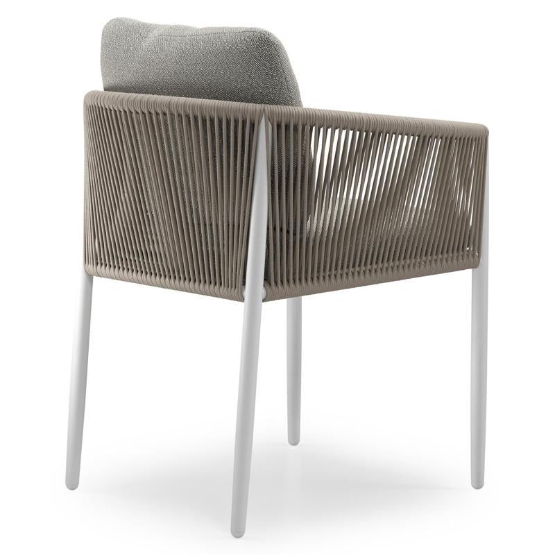 Organo tuinstoel in beige aluminium en beige verticaal geweven ronde rope met stoelkussen in All Weather Sunbrella® Luxe Savane Tunder