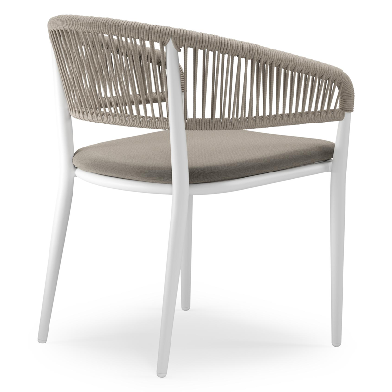 Tolfa stapelbare tuinstoel in wit aluminium en beige verticaal geweven ronde rope met stoelkussen in All Weather Sunbrella® Luxe Natte Carbon Beige