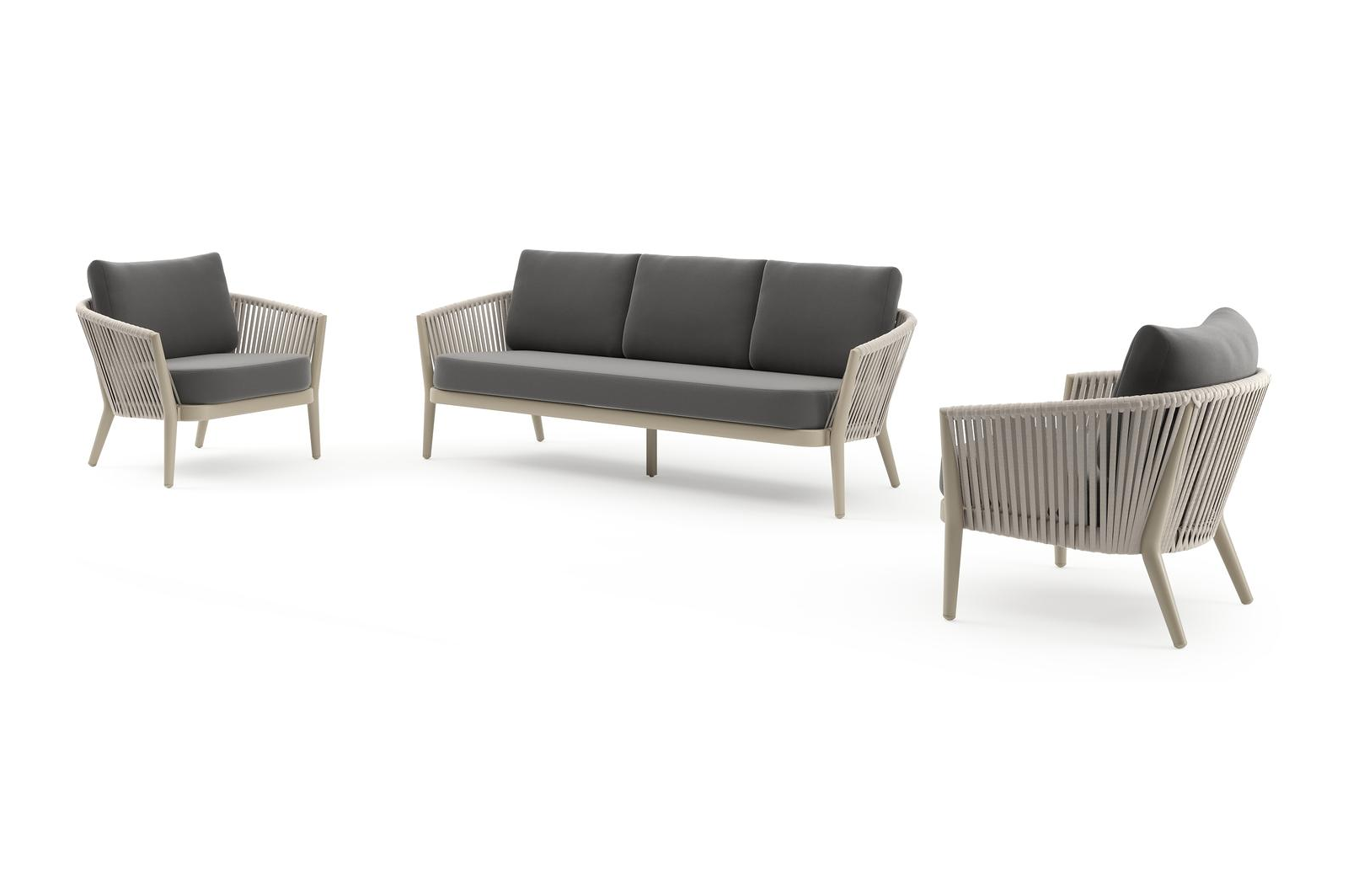 Salon de jardin Orso en aluminium beige et aluminium avec coussins All Weather Sunbrella® Luxe natte charcoal chine et table de basse