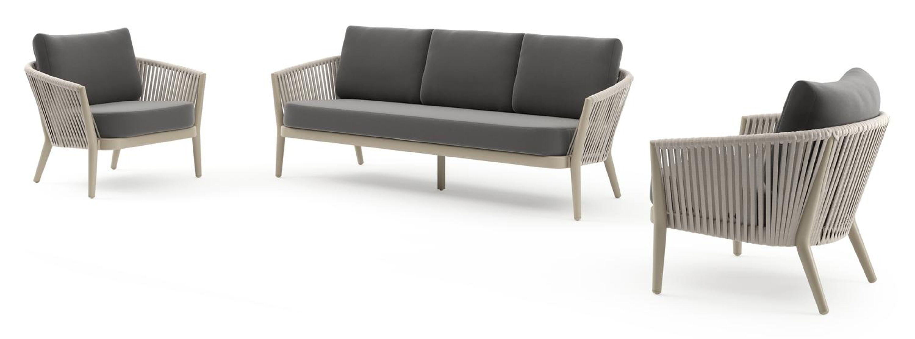 Salon de jardin Orso en aluminium beige et aluminium avec coussins All Weather Sunbrella® Luxe natte charcoal chine et table de basse