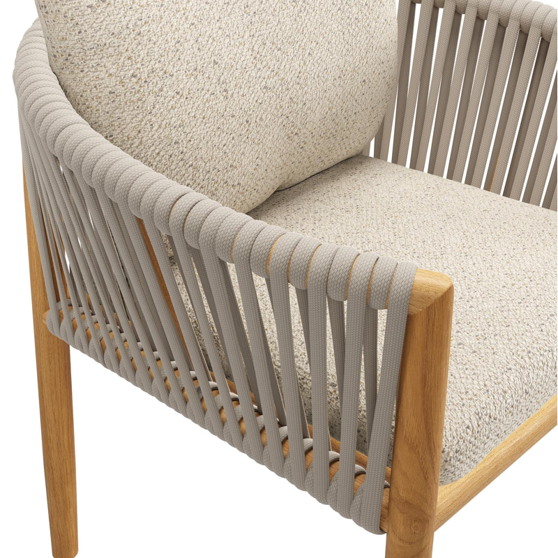 Organo tuinstoel in teak en beige verticaal geweven luxe vlakke rope met zitkussen in All Weather Cosytica Bora Desert